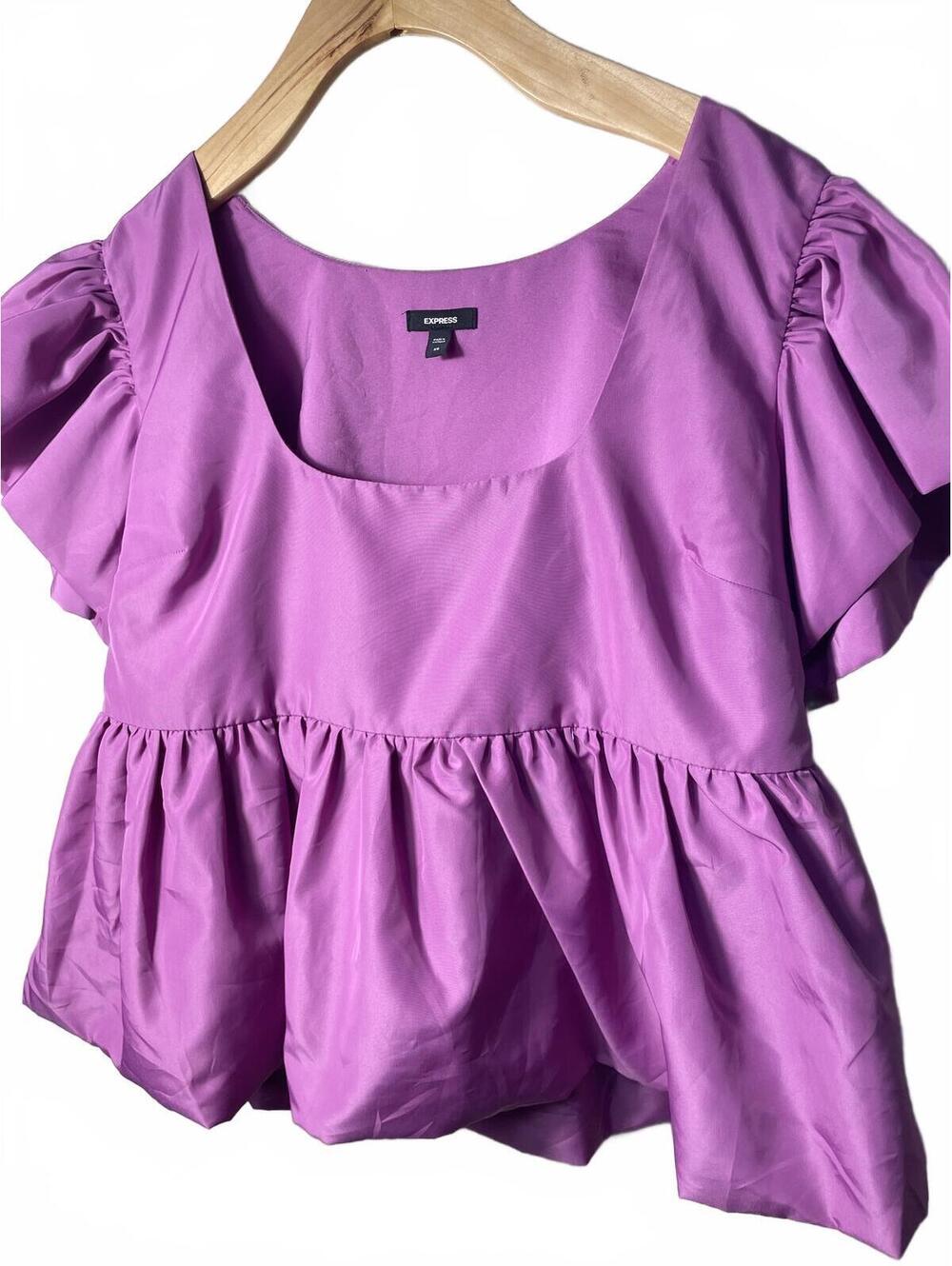Express Puff Sleeve Babydoll Top Womens Size XS Purple Ruffle Bubble Volume